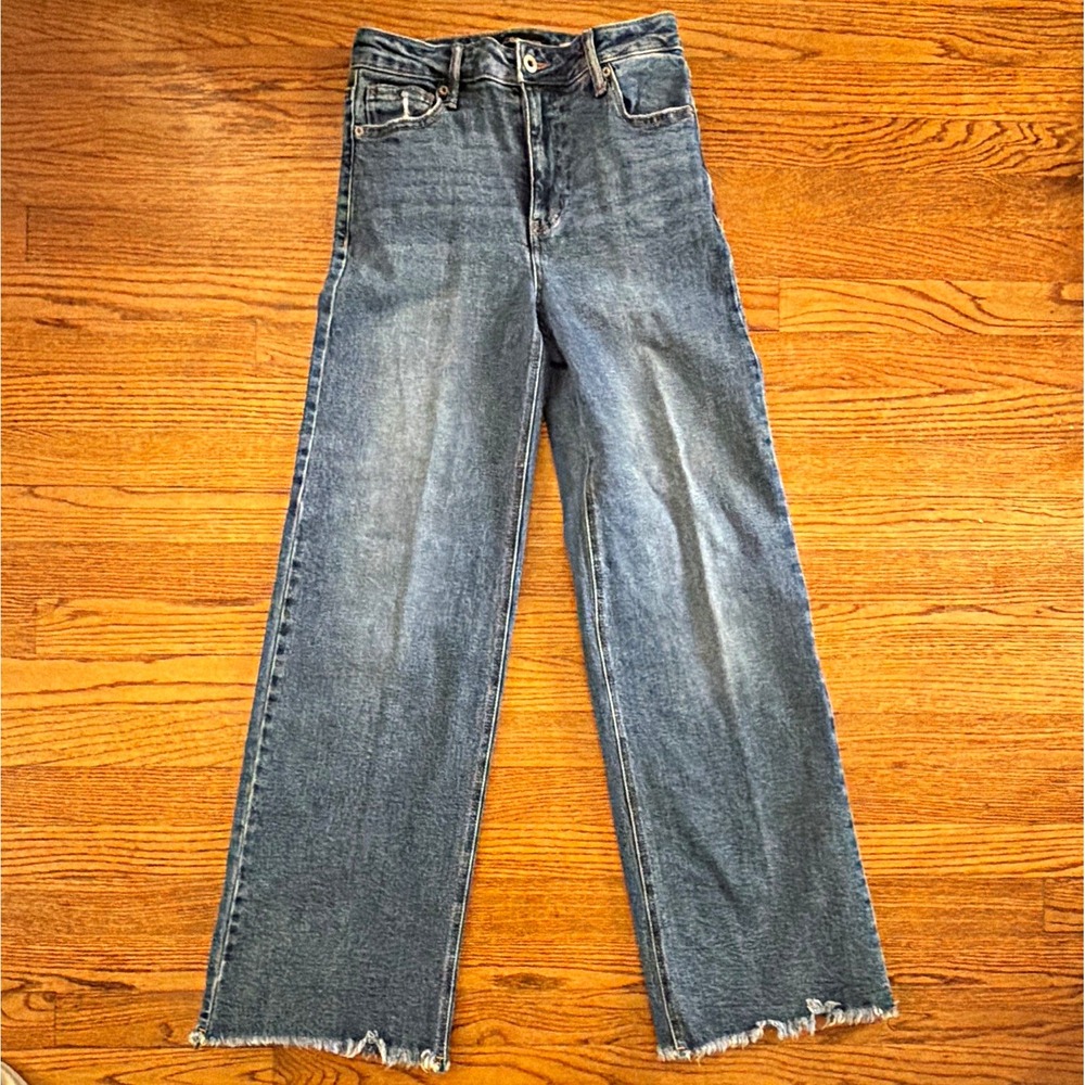 BCBGeneration Junior's High Rise Wide Leg Jeans Blue Medium Wash Frayed Hem